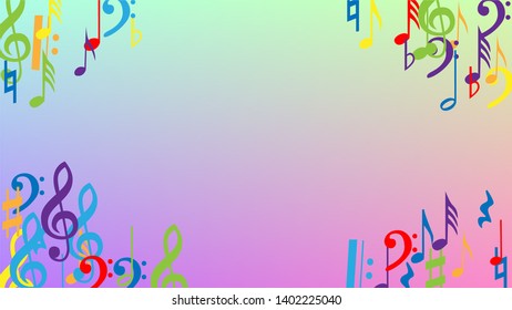 Disco Background. Colorful Musical Notes Symbol Falling on Hologram Background. Many Random Falling Notes, Bass and, G Clef. Disco Vector Template with Musical Symbols.