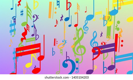 Disco Background. Colorful Musical Notes Symbol Falling on Hologram Background. Many Random Falling Notes, Bass and, Treble Clef. Disco Vector Template with Musical Symbols.