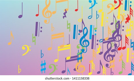 Disco Background. Colorful Musical Notes Symbol Falling on Hologram Background. Many Random Falling Notes, Bass and, Treble Clef. Disco Vector Template with Musical Symbols.