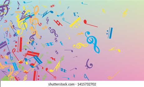 Disco Background. Colorful Musical Notes Symbol Falling on Hologram Background. Many Random Falling Notes, Bass and, G Clef. Disco Vector Template with Musical Symbols.