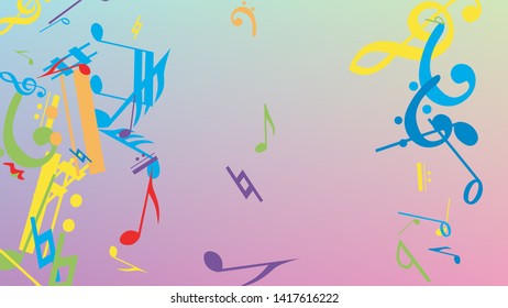 Disco Background. Colorful Musical Notes Symbol Falling on Hologram Background. Many Random Falling Notes, Bass and, Treble Clef. Disco Vector Template with Musical Symbols.