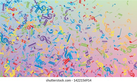 Disco Background. Colorful Musical Notes Symbol Falling on Hologram Background. Many Random Falling Notes, Bass and, G Clef. Disco Vector Template with Musical Symbols.