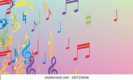 Disco Background. Colorful Musical Notes Symbol Falling on Hologram Background. Many Random Falling Notes, Bass and, G Clef. Disco Vector Template with Musical Symbols.