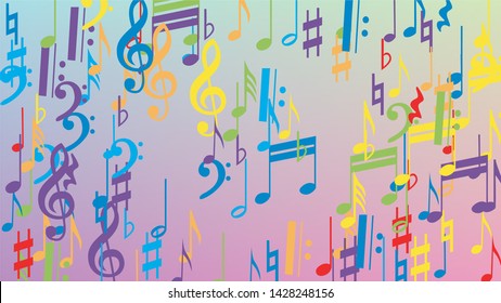 Disco Background. Colorful Musical Notes Symbol Falling on Hologram Background. Many Random Falling Notes, Bass and, G Clef. Disco Vector Template with Musical Symbols.
