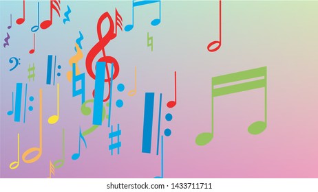 Disco Background. Colorful Musical Notes Symbol Falling on Hologram Background. Many Random Falling Notes, Bass and, G Clef. Disco Vector Template with Musical Symbols.