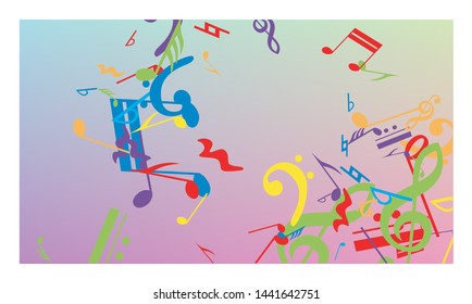 Disco Background. Colorful Musical Notes Symbol Falling on Hologram Background. Many Random Falling Notes, Bass and, G Clef. Disco Vector Template with Musical Symbols.