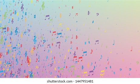 Disco Background. Colorful Musical Notes Symbol Falling on Hologram Background. Many Random Falling Notes, Bass and, G Clef. Disco Vector Template with Musical Symbols.