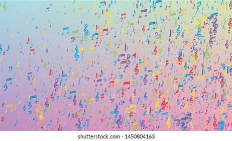 Disco Background. Colorful Musical Notes Symbol Falling on Hologram Background. Many Random Falling Notes, Bass and, G Clef. Disco Vector Template with Musical Symbols.