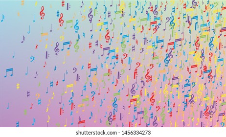 Disco Background. Colorful Musical Notes Symbol Falling on Hologram Background. Many Random Falling Notes, Bass and, Treble Clef. Disco Vector Template with Musical Symbols.