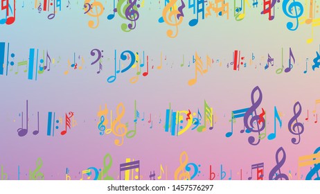 Disco Background. Colorful Musical Notes Symbol Falling on Hologram Background. Many Random Falling Notes, Bass and, G Clef. Disco Vector Template with Musical Symbols.