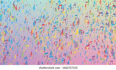 Disco Background. Colorful Musical Notes Symbol Falling on Hologram Background. Many Random Falling Notes, Bass and, Treble Clef. Disco Vector Template with Musical Symbols.