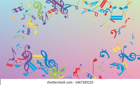 Disco Background. Colorful Musical Notes Symbol Falling on Hologram Background. Many Random Falling Notes, Bass and, G Clef. Disco Vector Template with Musical Symbols.