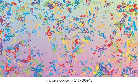 Disco Background. Colorful Musical Notes Symbol Falling on Hologram Background. Many Random Falling Notes, Bass and, G Clef. Disco Vector Template with Musical Symbols.