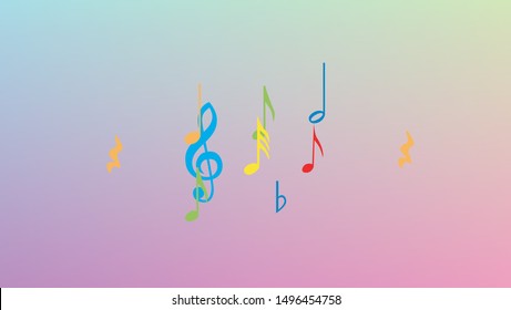 Disco Background. Colorful Musical Notes Symbol Falling on Hologram Background. Many Random Falling Notes, Bass and, G Clef. Disco Vector Template with Musical Symbols.