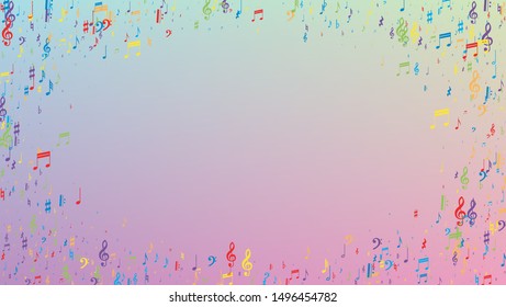 Disco Background. Colorful Musical Notes Symbol Falling on Hologram Background. Many Random Falling Notes, Bass and, G Clef. Disco Vector Template with Musical Symbols.