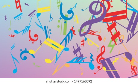 Disco Background. Colorful Musical Notes Symbol Falling on Hologram Background. Many Random Falling Notes, Bass and, G Clef. Disco Vector Template with Musical Symbols.