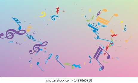 Disco Background. Colorful Musical Notes Symbol Falling on Hologram Background. Many Random Falling Notes, Bass and, Treble Clef. Disco Vector Template with Musical Symbols.