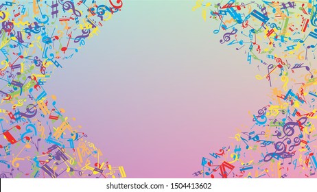 Disco Background. Colorful Musical Notes Symbol Falling on Hologram Background. Many Random Falling Notes, Bass and, G Clef. Disco Vector Template with Musical Symbols.