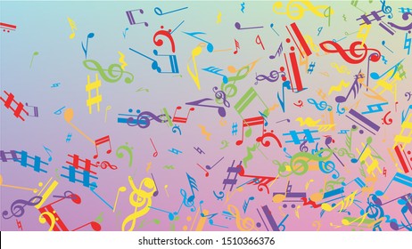 Disco Background. Colorful Musical Notes Symbol Falling on Hologram Background. Many Random Falling Notes, Bass and, Treble Clef. Disco Vector Template with Musical Symbols.
