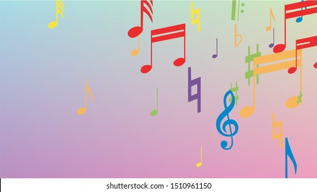 Disco Background. Colorful Musical Notes Symbol Falling on Hologram Background. Many Random Falling Notes, Bass and, G Clef. Disco Vector Template with Musical Symbols.