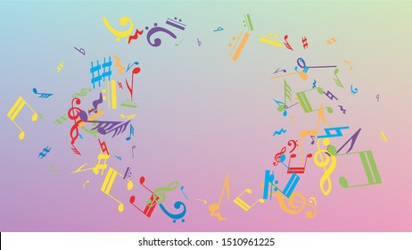 Disco Background. Colorful Musical Notes Symbol Falling on Hologram Background. Many Random Falling Notes, Bass and, Treble Clef. Disco Vector Template with Musical Symbols.