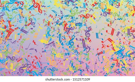 Disco Background. Colorful Musical Notes Symbol Falling on Hologram Background. Many Random Falling Notes, Bass and, G Clef. Disco Vector Template with Musical Symbols.