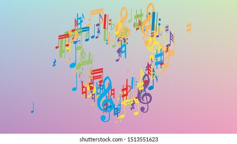 Disco Background. Colorful Musical Notes Symbol Falling on Hologram Background. Many Random Falling Notes, Bass and, G Clef. Disco Vector Template with Musical Symbols.
