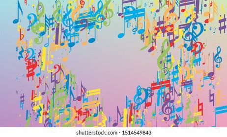 Disco Background. Colorful Musical Notes Symbol Falling on Hologram Background. Many Random Falling Notes, Bass and, G Clef. Disco Vector Template with Musical Symbols.