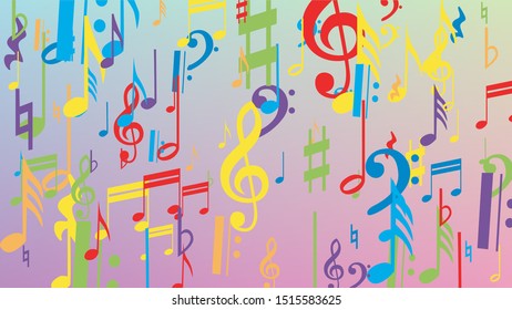 Disco Background. Colorful Musical Notes Symbol Falling on Hologram Background. Many Random Falling Notes, Bass and, G Clef. Disco Vector Template with Musical Symbols.
