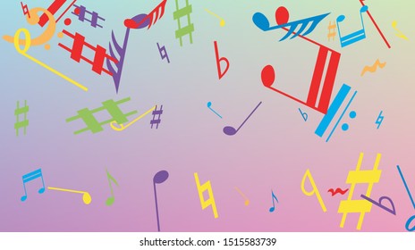 Disco Background. Colorful Musical Notes Symbol Falling on Hologram Background. Many Random Falling Notes, Bass and, Treble Clef. Disco Vector Template with Musical Symbols.