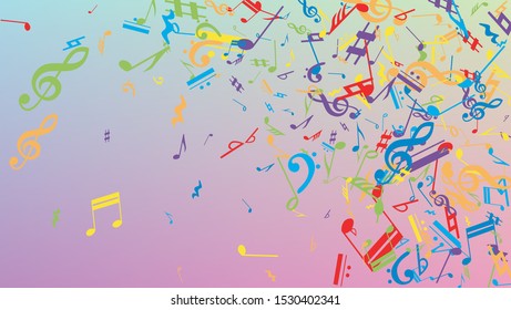 Disco Background. Colorful Musical Notes Symbol Falling on Hologram Background. Many Random Falling Notes, Bass and, Treble Clef. Disco Vector Template with Musical Symbols.