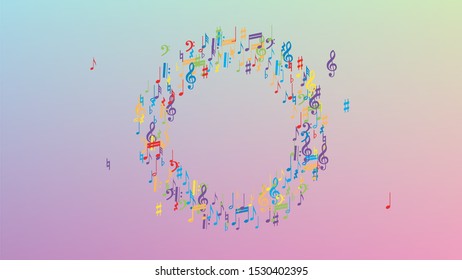 Disco Background. Colorful Musical Notes Symbol Falling on Hologram Background. Many Random Falling Notes, Bass and, Treble Clef. Disco Vector Template with Musical Symbols.