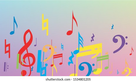 Disco Background. Colorful Musical Notes Symbol Falling on Hologram Background. Many Random Falling Notes, Bass and, Treble Clef. Disco Vector Template with Musical Symbols.