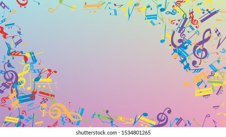 Disco Background. Colorful Musical Notes Symbol Falling on Hologram Background. Many Random Falling Notes, Bass and, Treble Clef. Disco Vector Template with Musical Symbols.