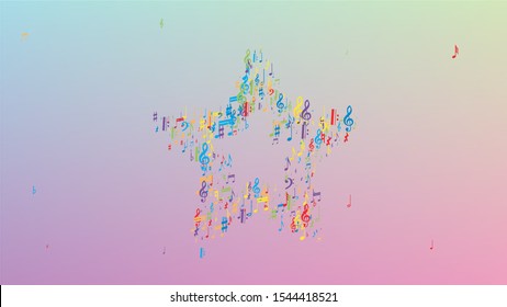 Disco Background. Colorful Musical Notes Symbol Falling on Hologram Background. Many Random Falling Notes, Bass and, G Clef. Disco Vector Template with Musical Symbols.