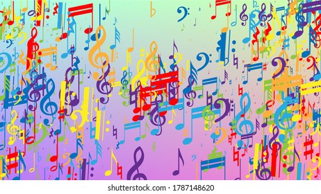 Fondo Disco. Colorido símbolo de notas musicales cayendo sobre fondo holograma. Muchas notas al azar de caída, Bass y Treble Clef. Plantilla de vectores disco con símbolos musicales.