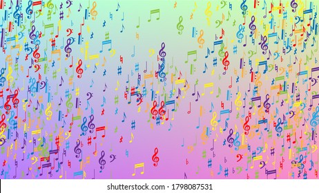 Fondo Disco. Colorido símbolo de notas musicales que cae sobre el fondo del holograma. Muchas notas de caída aleatoria, Bass y, G Clef. Plantilla de vectores disco con símbolos musicales.