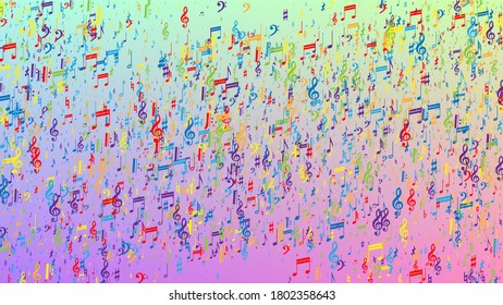 Disco Background. Colorful Musical Notes Symbol Falling on Hologram Background. Many Random Falling Notes, Bass and, G Clef. Disco Vector Template with Musical Symbols.
