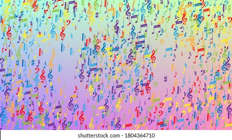 Disco Background. Colorful Musical Notes Symbol Falling on Hologram Background. Many Random Falling Notes, Bass and, G Clef. Disco Vector Template with Musical Symbols.