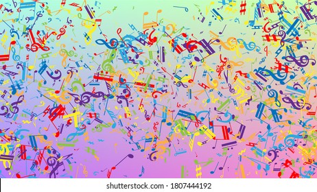 Disco Background. Colorful Musical Notes Symbol Falling on Hologram Background. Many Random Falling Notes, Bass and, Treble Clef. Disco Vector Template with Musical Symbols.