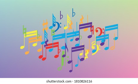 Disco Background. Colorful Musical Notes Symbol Falling on Hologram Background. Many Random Falling Notes, Bass and, Treble Clef. Disco Vector Template with Musical Symbols.