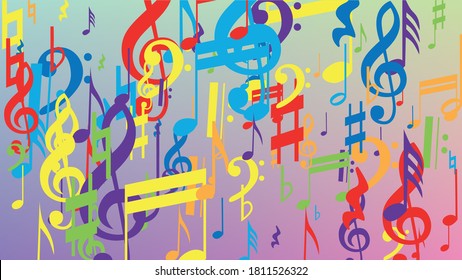 Disco Background. Colorful Musical Notes Symbol Falling on Hologram Background. Many Random Falling Notes, Bass and, G Clef. Disco Vector Template with Musical Symbols.