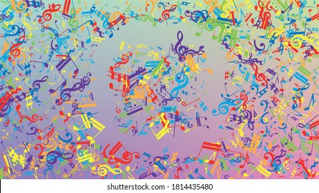 Disco Background. Colorful Musical Notes Symbol Falling on Hologram Background. Many Random Falling Notes, Bass and, Treble Clef. Disco Vector Template with Musical Symbols.