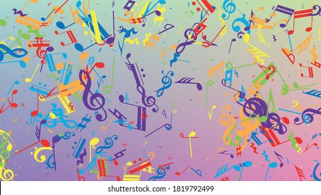 Disco Background. Colorful Musical Notes Symbol Falling on Hologram Background. Many Random Falling Notes, Bass and, G Clef. Disco Vector Template with Musical Symbols.