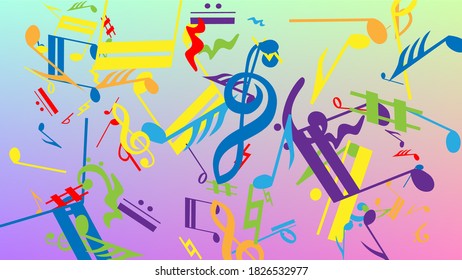 Fondo Disco. Colorido símbolo de notas musicales que cae sobre el fondo del holograma. Muchas notas de caída aleatoria, Bass y, G Clef. Plantilla de vectores disco con símbolos musicales.