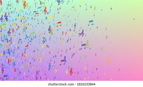 Fondo Disco. Colorido símbolo de notas musicales que cae sobre el fondo del holograma. Muchas notas de caída aleatoria, Bass y, G Clef. Plantilla de vectores disco con símbolos musicales.