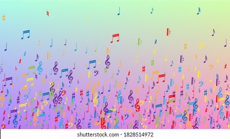 Disco Background. Colorful Musical Notes Symbol Falling on Hologram Background. Many Random Falling Notes, Bass and, G Clef. Disco Vector Template with Musical Symbols.