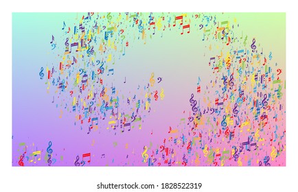 Fondo Disco. Colorido símbolo de notas musicales que cae sobre el fondo del holograma. Muchas notas de caída aleatoria, Bass y, G Clef. Plantilla de vectores disco con símbolos musicales.