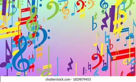 Disco Background. Colorful Musical Notes Symbol Falling on Hologram Background. Many Random Falling Notes, Bass and, G Clef. Disco Vector Template with Musical Symbols.