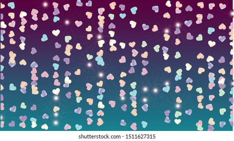 Disco Background with Confetti of Hearts Glitter Particles. St. Valentine Day. Disco pattern. Light Spots. Explosion of Confetti. Glitter Vector Illustration. Design for Cover.
